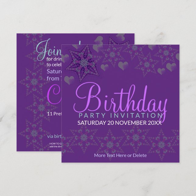 Purple Stars Hearts Party Birthday Invitation (Front/Back)