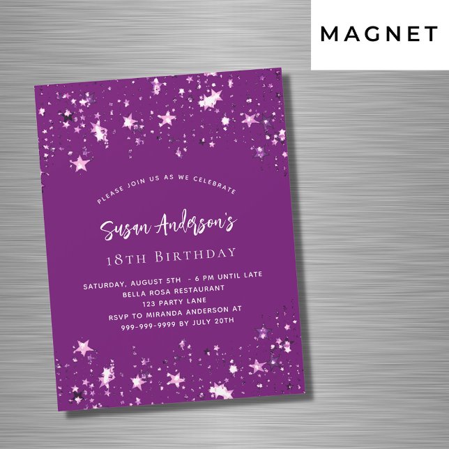 Purple stars luxury birthday magnetic invitation (Creator Uploaded)