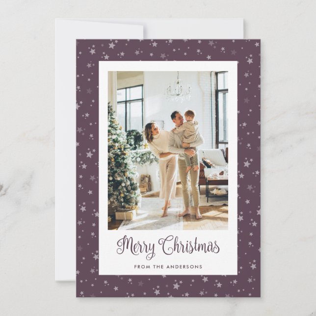 Purple Stars Photo Merry Christmas Cards (Front)