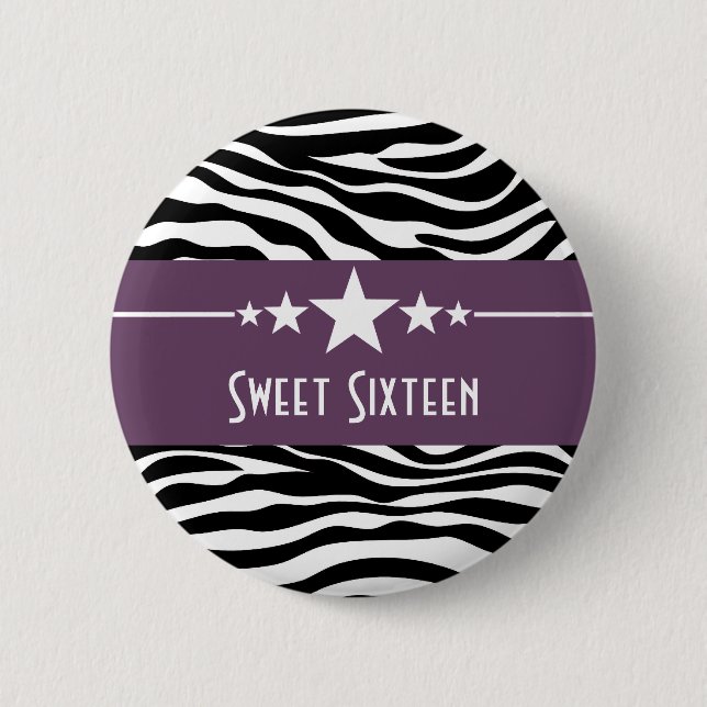 Purple Stars Zebra Print Sweet 16 Button (Front)