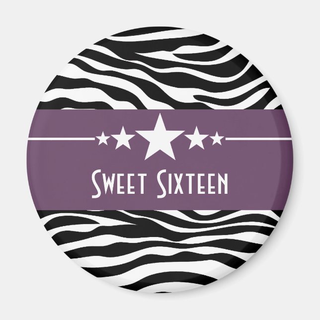 Purple Stars Zebra Print Sweet 16 Magnet (Front)
