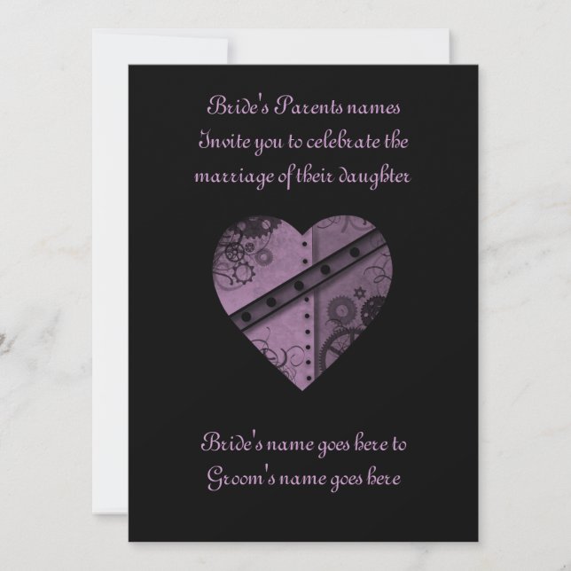 Purple steampunk heart elegant wedding invitation (Front)