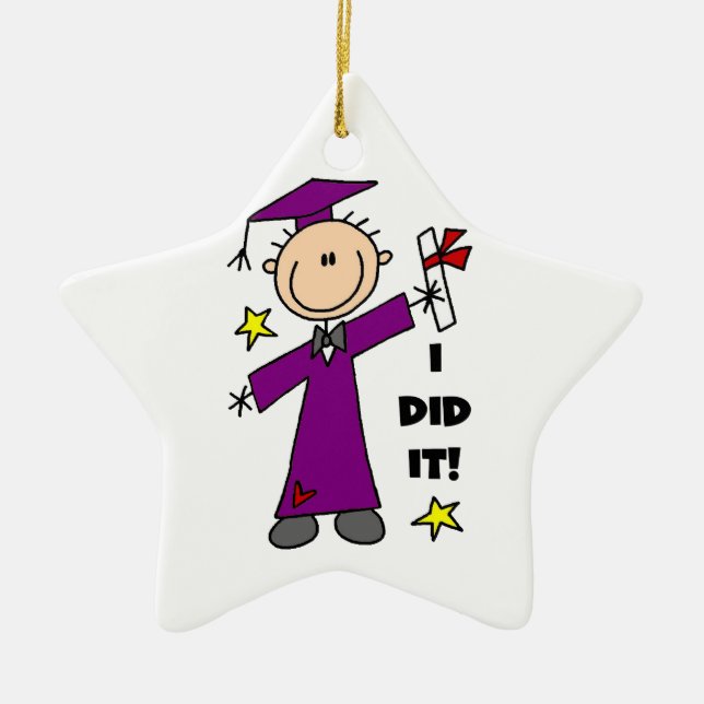 Purple Stick Figure Boy Graduate Ceramic Tree Decoration (Front)