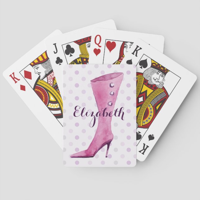 Purple stiletto heel boot personalised playing cards (Back)