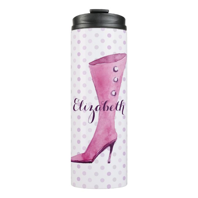 Purple stiletto heel boot personalised thermal tumbler (Front)