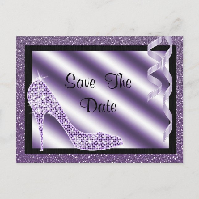 Purple Stiletto & Streamers 60th Save The Date Announcement Postcard (Front)