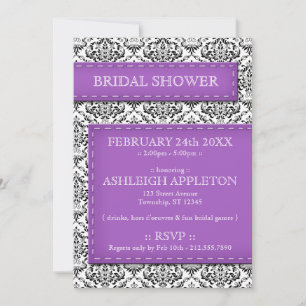 Purple Stitched Damask Bridal Shower Invitations