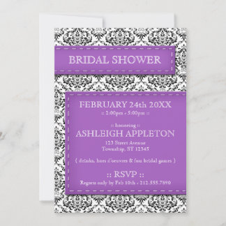 Purple Stitched Damask Bridal Shower Invitations