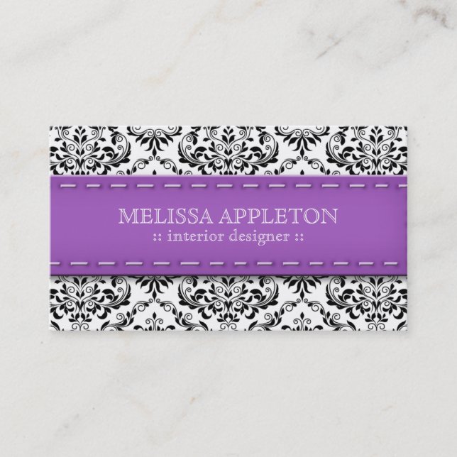 Purple Stitched Damask Interior Designer Business Card (Front)