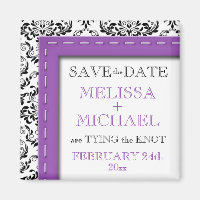 Purple Stitched Damask Save the Date Magnet