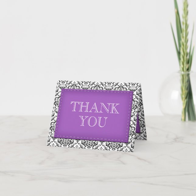 Purple Stitched Damask Thank You Note Cards (Front)