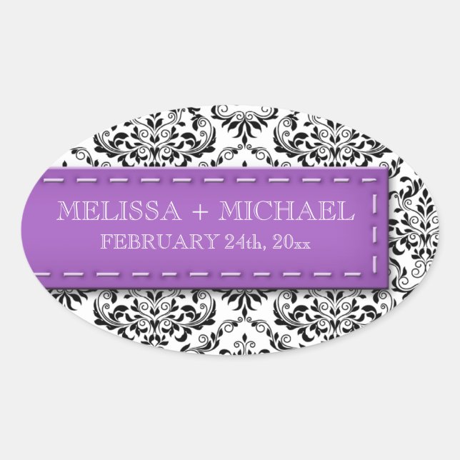 Purple Stitched Damask Wedding Large Favour Oval Sticker (Front)