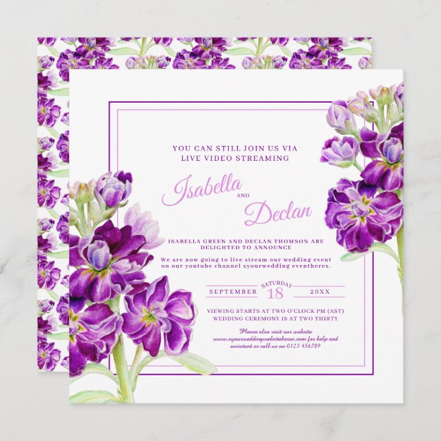 Purple stock flower watercolor live stream wedding invitation (Front/Back)
