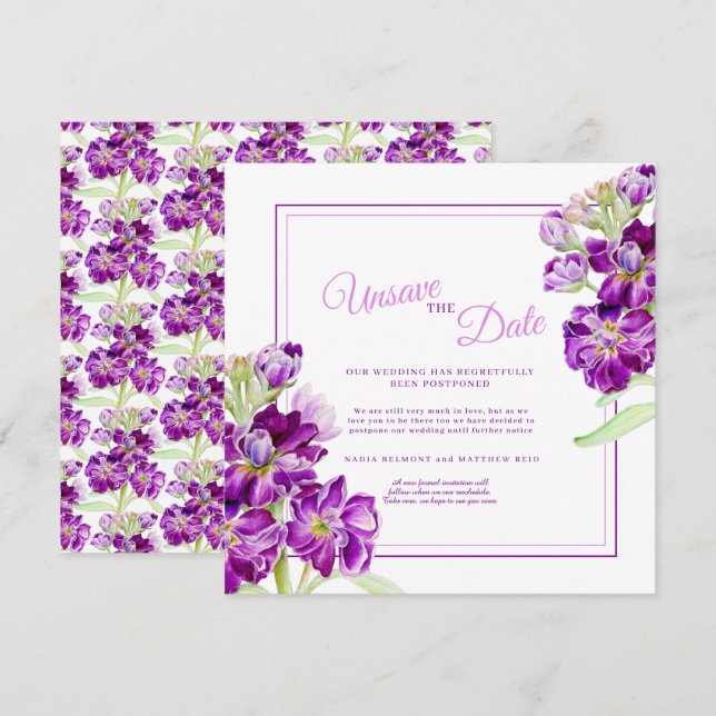 Purple stock flowers art wedding unsave the date invitation (Front/Back)