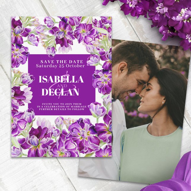 Purple stock flowers wedding save the date photo (Creator Uploaded)