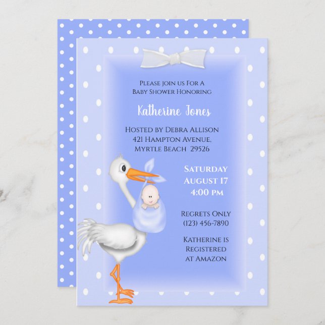 Purple Stork and Baby Boy Shower Invitations (Front/Back)