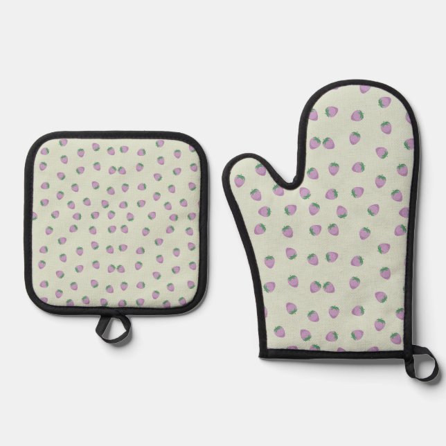 Purple Strawberries Pattern Oven Mitt & Pot Holder Set (Front)