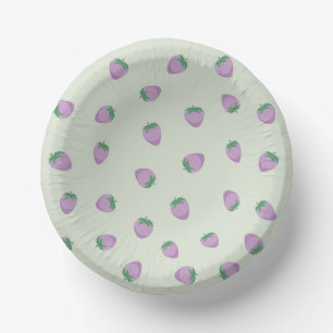 Purple Strawberry Pattern on Green Background Paper Plate