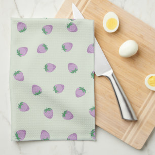 Purple Strawberry Pattern on Green Background Tea Towel
