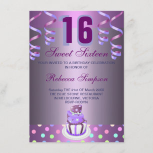 Purple Streamers & Cake Sweet 16 Birthday Invite
