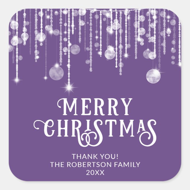 Purple String Lights Christmas Party Favour Square Sticker (Front)