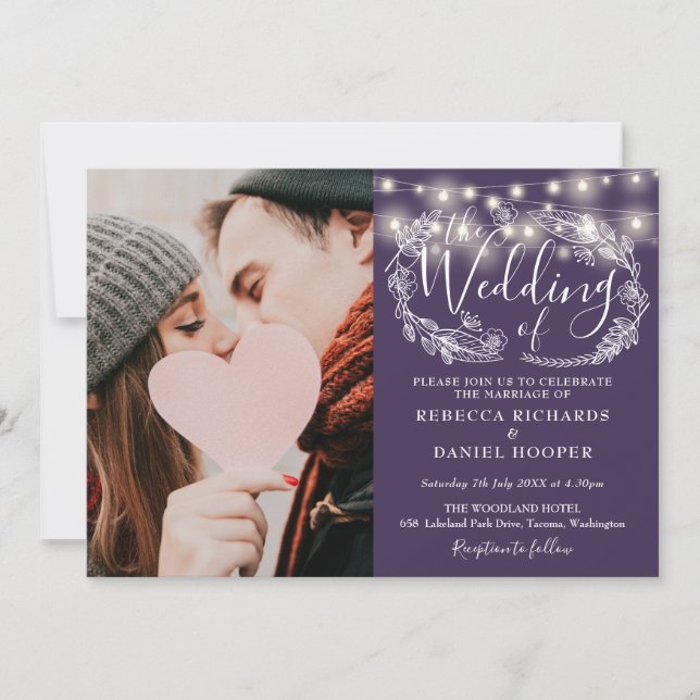 Purple String Lights Floral Photo Wedding Invitation (Front)
