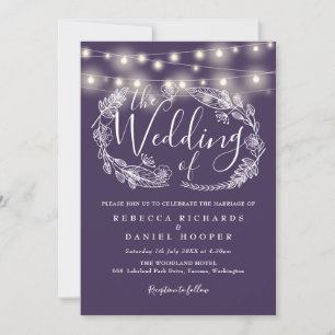 Purple String Lights Floral Script Wedding Invitation