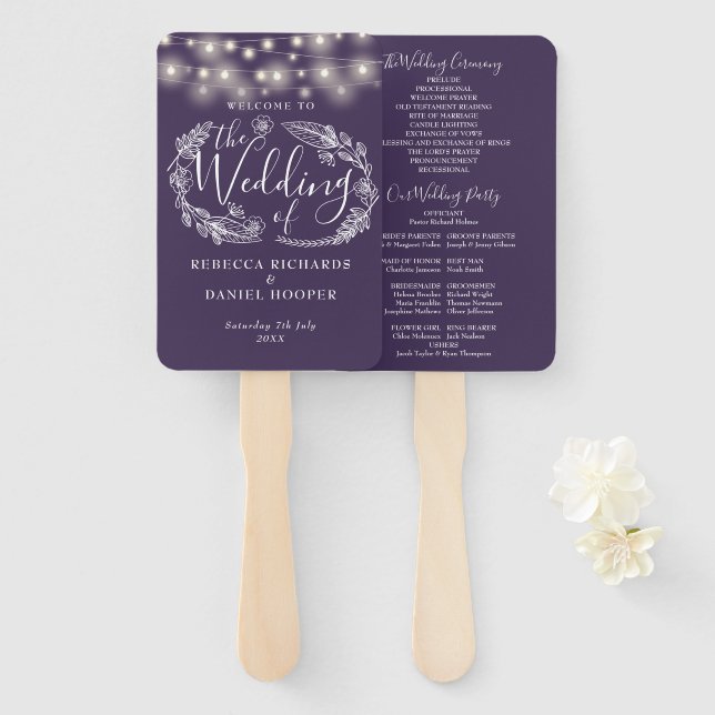 Purple String Lights Floral Wedding Program Hand Fan (Front and Back)