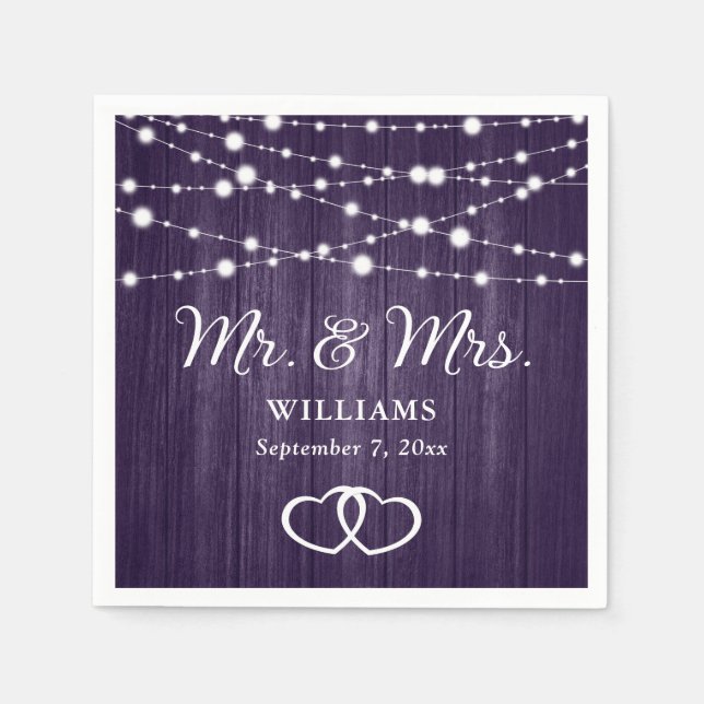 Purple String Lights Hearts Rustic Wood Wedding Napkin (Front)