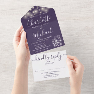 Purple String Lights Mason Jars Wedding All In One Invitation