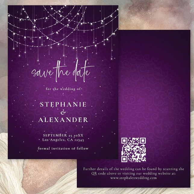 Purple String Lights QR Code Save the Date (Front and back view)