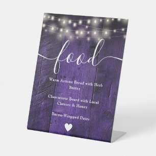 Purple String Lights Rustic Barn Wood Food Menu Pedestal Sign