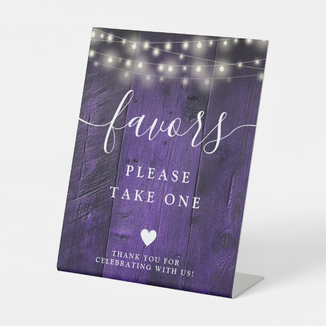 Purple String Lights Rustic Boho Barn Wood Favours Pedestal Sign (Front)