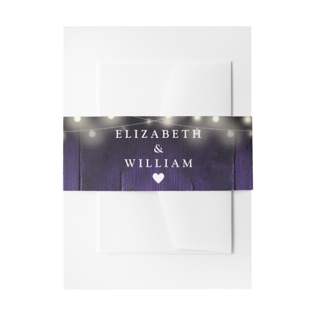 Purple String Lights Rustic Wood Boho Barn Wedding Invitation Belly Band (Front Example)