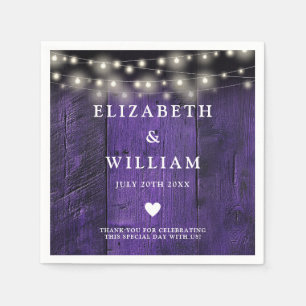 Purple String Lights Rustic Wood Boho Barn Wedding Napkin