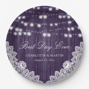 Purple String Lights Rustic Wood Lace Wedding Paper Plate
