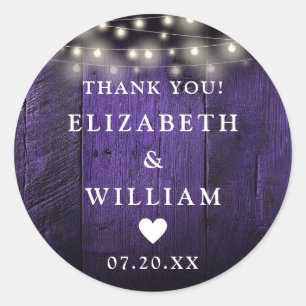 Purple String Lights Rustic Wood Wedding Favour Classic Round Sticker