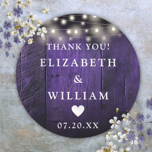 Purple String Lights Rustic Wood Wedding Favour Classic Round Sticker
