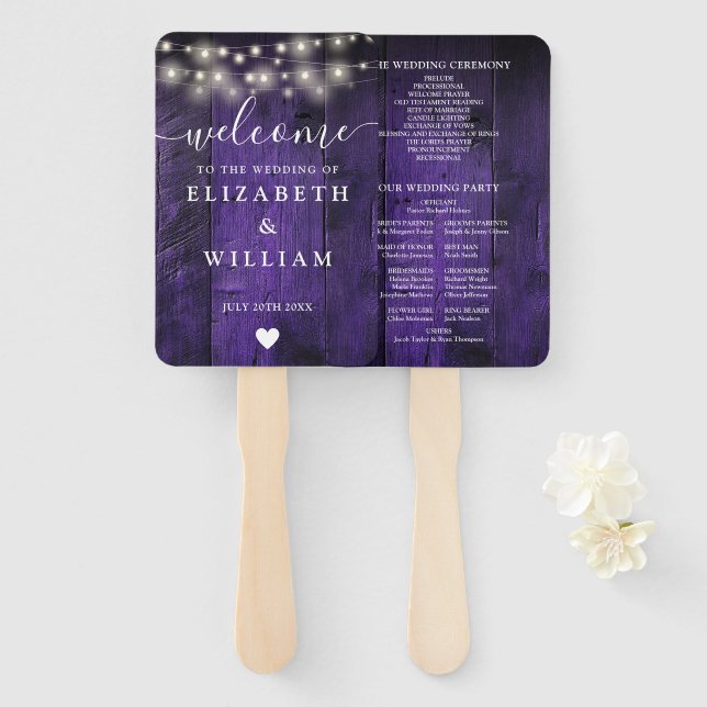 Purple String Lights Rustic Wood Wedding Program Hand Fan (Front and Back)