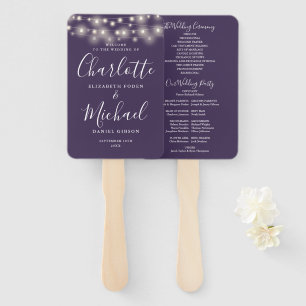 Purple String Lights Script Wedding Program Hand Fan