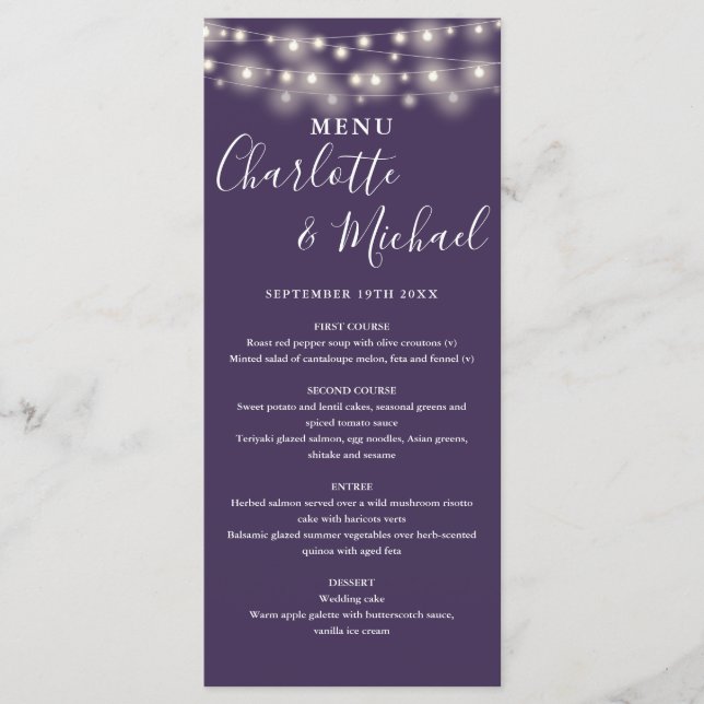 Purple String Lights Signature Wedding Menu (Front)