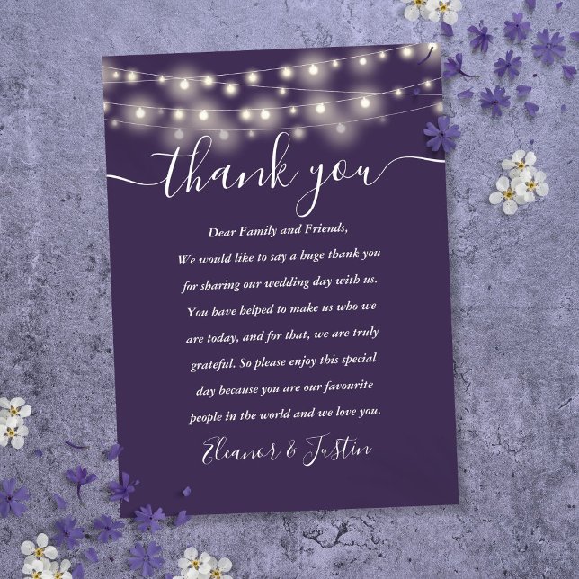 Purple String Lights Wedding Thank You Place  Card (Purple String Lights Wedding Thank You Place Place Card)