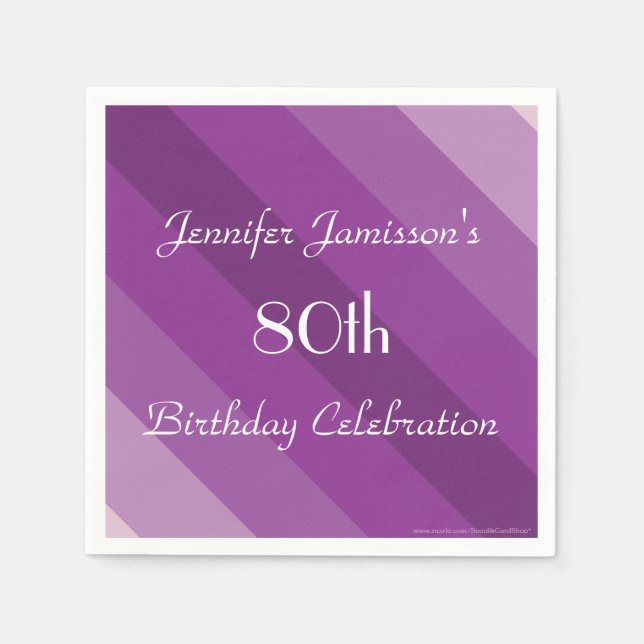 Purple Stripe 80th Birthday Party Paper Napkin (Front)