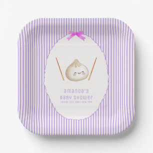Purple Stripe Bow Asian Dumpling Baby Shower Paper Plate