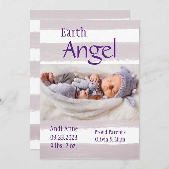 Purple Stripe Photo Earth Angel Birth Announcement (Front/Back)