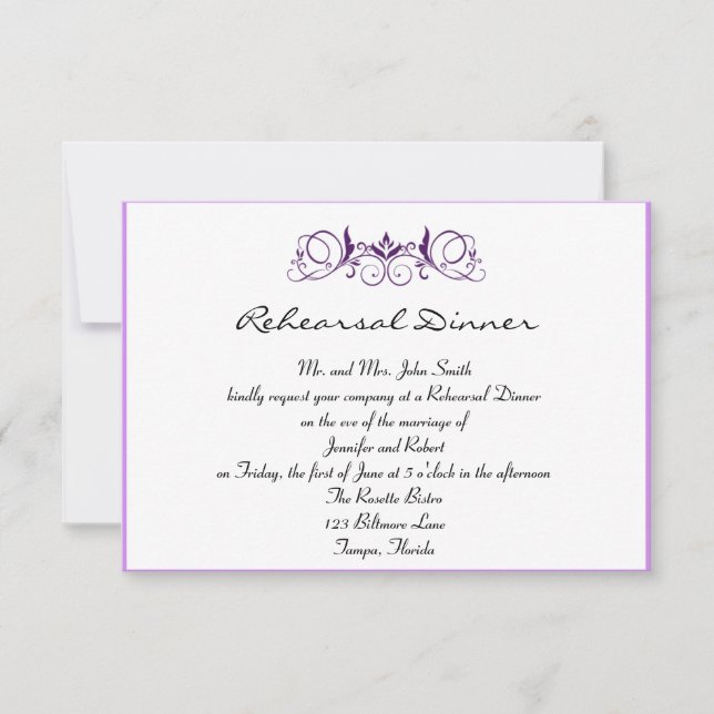 Purple Stripe with Floral Wedding Rehearsal Dinner Invitation (Front)