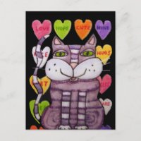 Purple Striped Cat Green Eyes Bright Candy Hearts