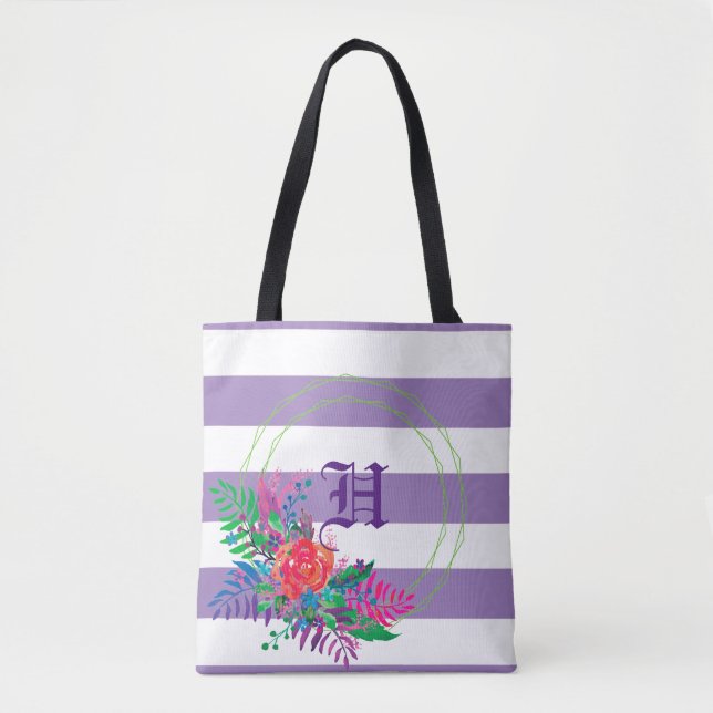 purple striped floral personalised tote bag (Front)