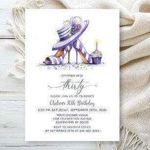 Purple Striped High Heel Shoes 30th Birthday Party Invitation