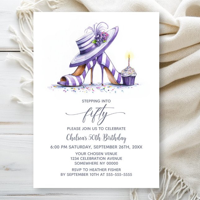 Purple Striped High Heel Shoes 50th Birthday Party Invitation (Creator Uploaded)
